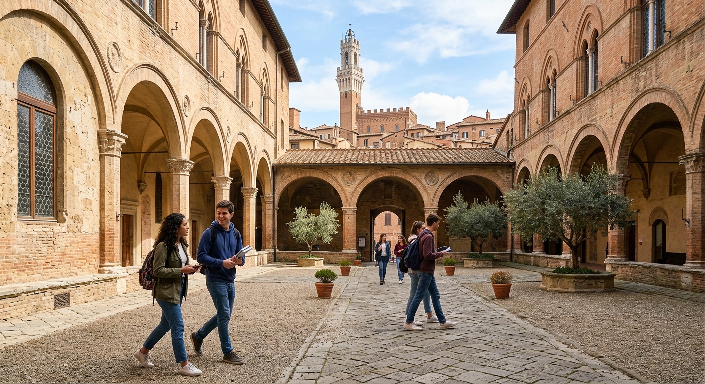 Historic University of Siena campus building in Tuscany with medieval architecture, students walking through a sunlit courtyard with arched corridors and terracotta rooftops in the background