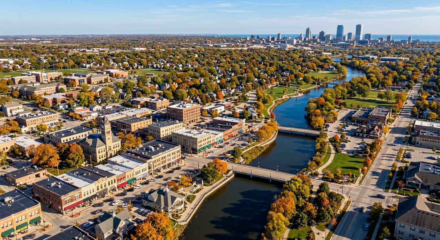 Aerial view of downtown Waukesha Wisconsin showing the Fox River winding through the historic downtown district, tree-lined streets, charming shops, and residential neighborhoods with Milwaukee skyline visible in the distance