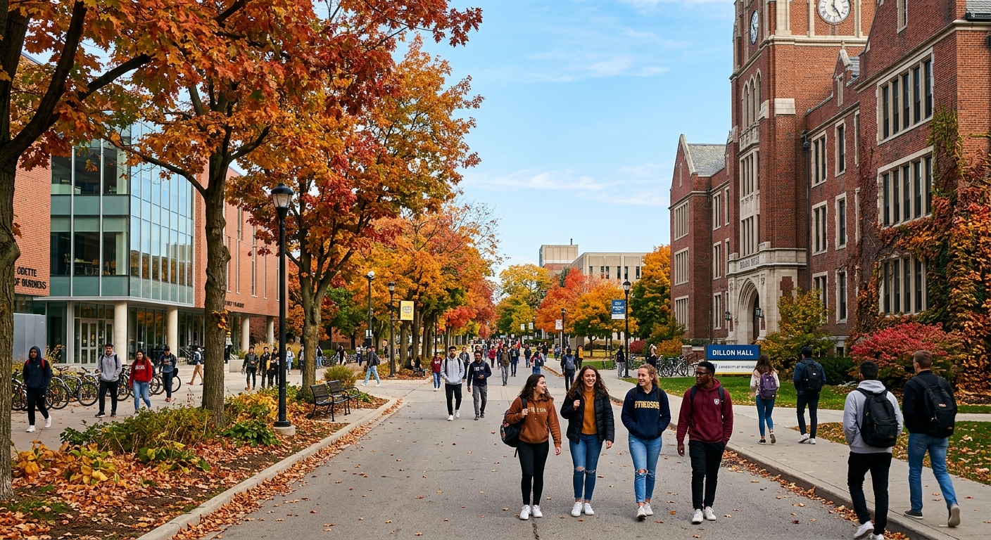 University of Windsor campus in autumn with students walking along tree-lined pathways, historic brick buildings and modern facilities visible, clear blue sky over Windsor Ontario Canada