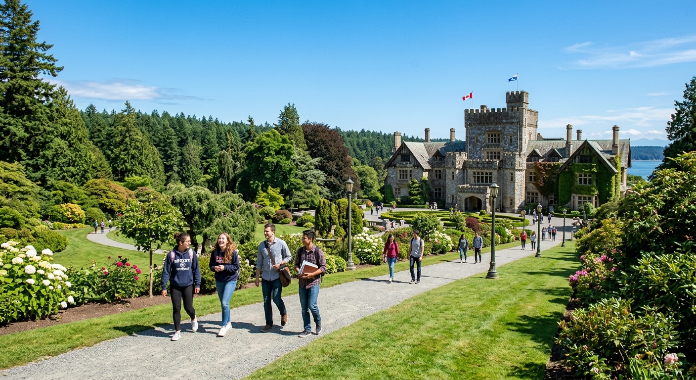 Royal Roads University historic Hatley Castle campus surrounded by lush green forests and gardens on Vancouver Island, British Columbia, Canada, with students walking along pathways under clear skies