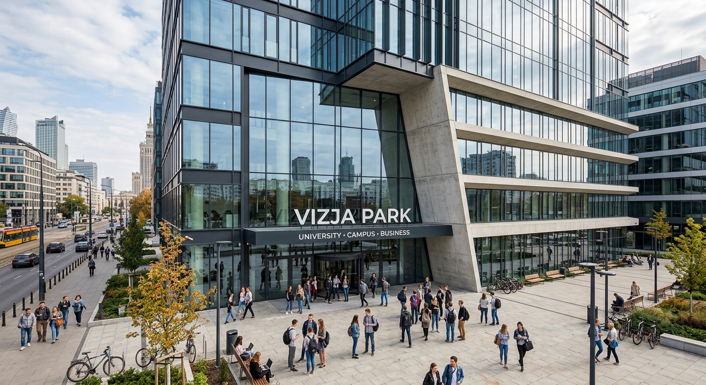Vizja Park main building exterior, modern glass and concrete architecture, wide entrance with VIZJA signage, students gathering outside, urban Warsaw setting