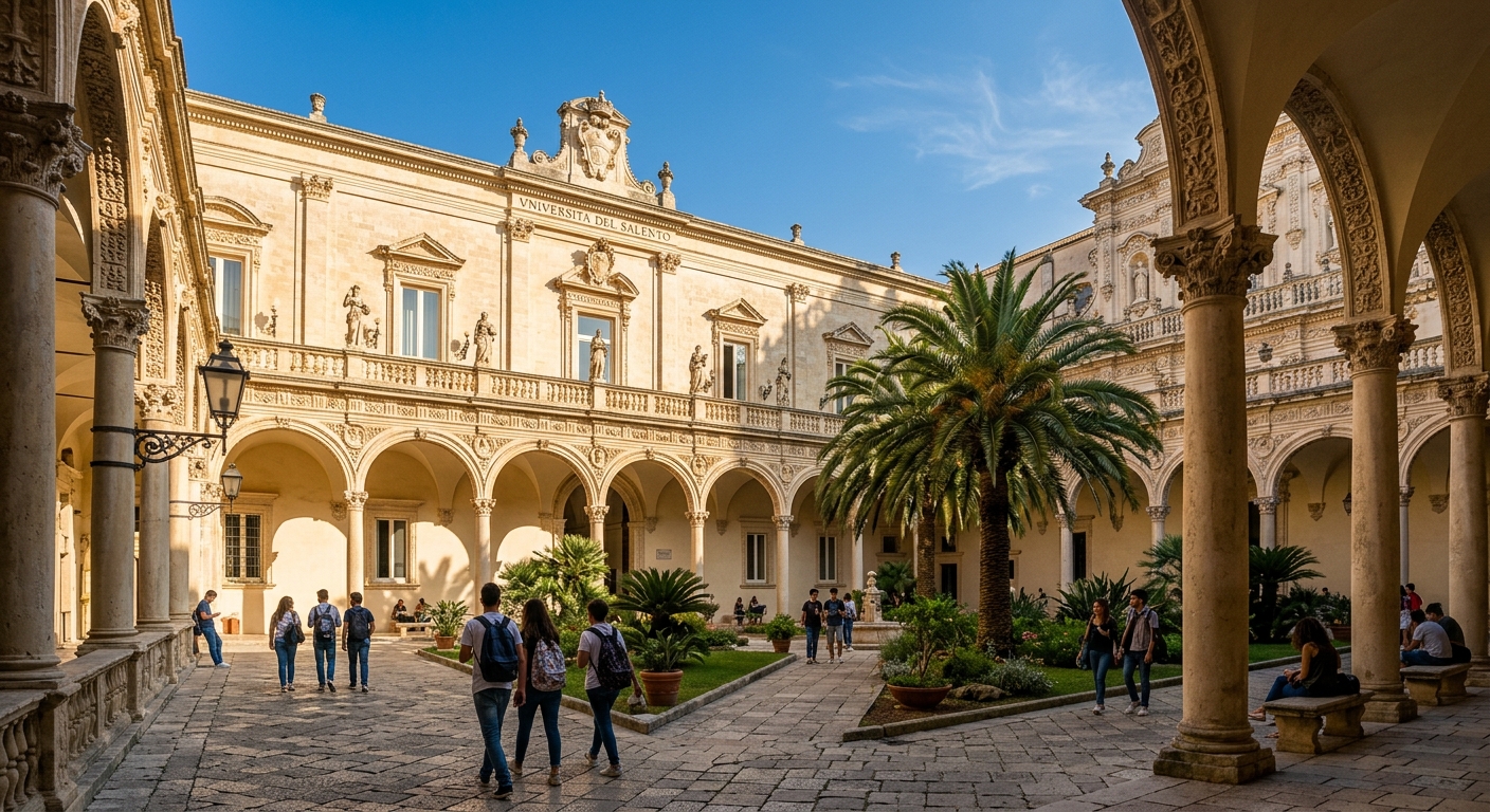 University of Salento main campus in Lecce Italy, historic Baroque-style rectorate building with colonnade courtyard, warm Mediterranean sunlight, palm trees and Lecce stone architecture
