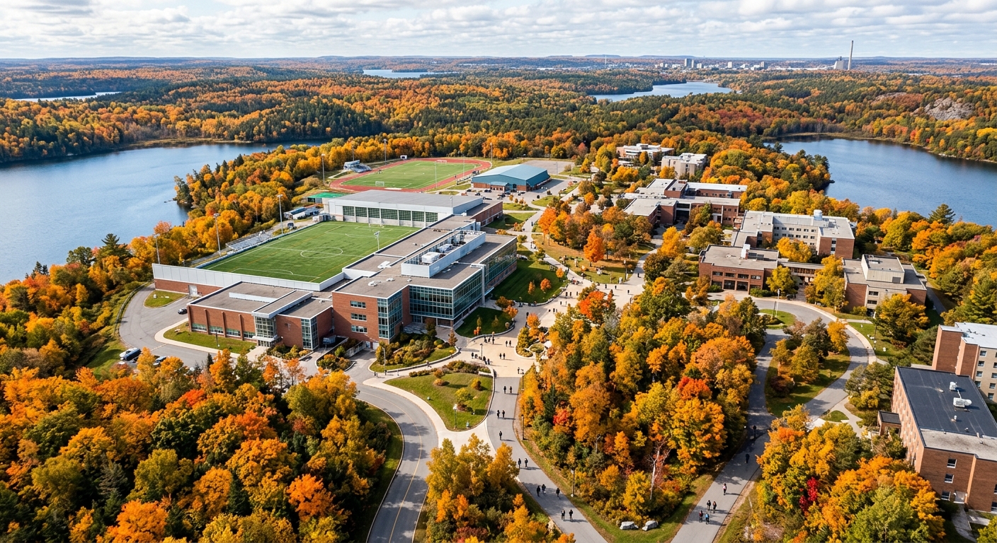 Laurentian University campus in Sudbury Ontario surrounded by boreal forest and lakes, modern athletic facilities and science buildings, students walking on pathways during autumn with vibrant fall foliage