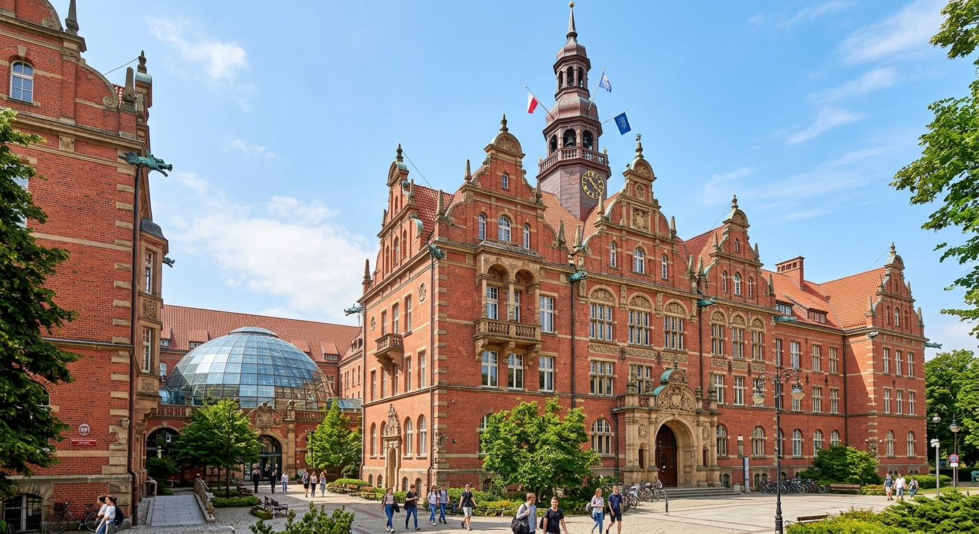 Main Building of Gdansk University of Technology, grand Northern Renaissance red brick facade with Art Nouveau details, restored clock tower, ornamental copper spouts, inner courtyard with glass dome, sunny day