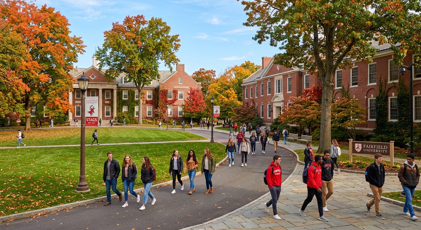 Fairfield University campus in Connecticut with red-brick academic buildings, tree-lined walkways, green lawns, and students walking between classes on a sunny autumn day