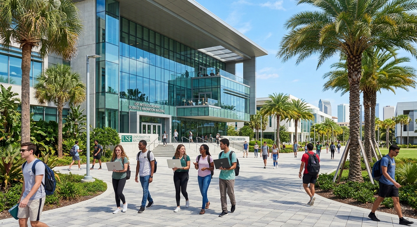 Modern university campus in Tampa Florida with palm trees, students walking with laptops, contemporary glass building facade, bright sunny day with blue sky
