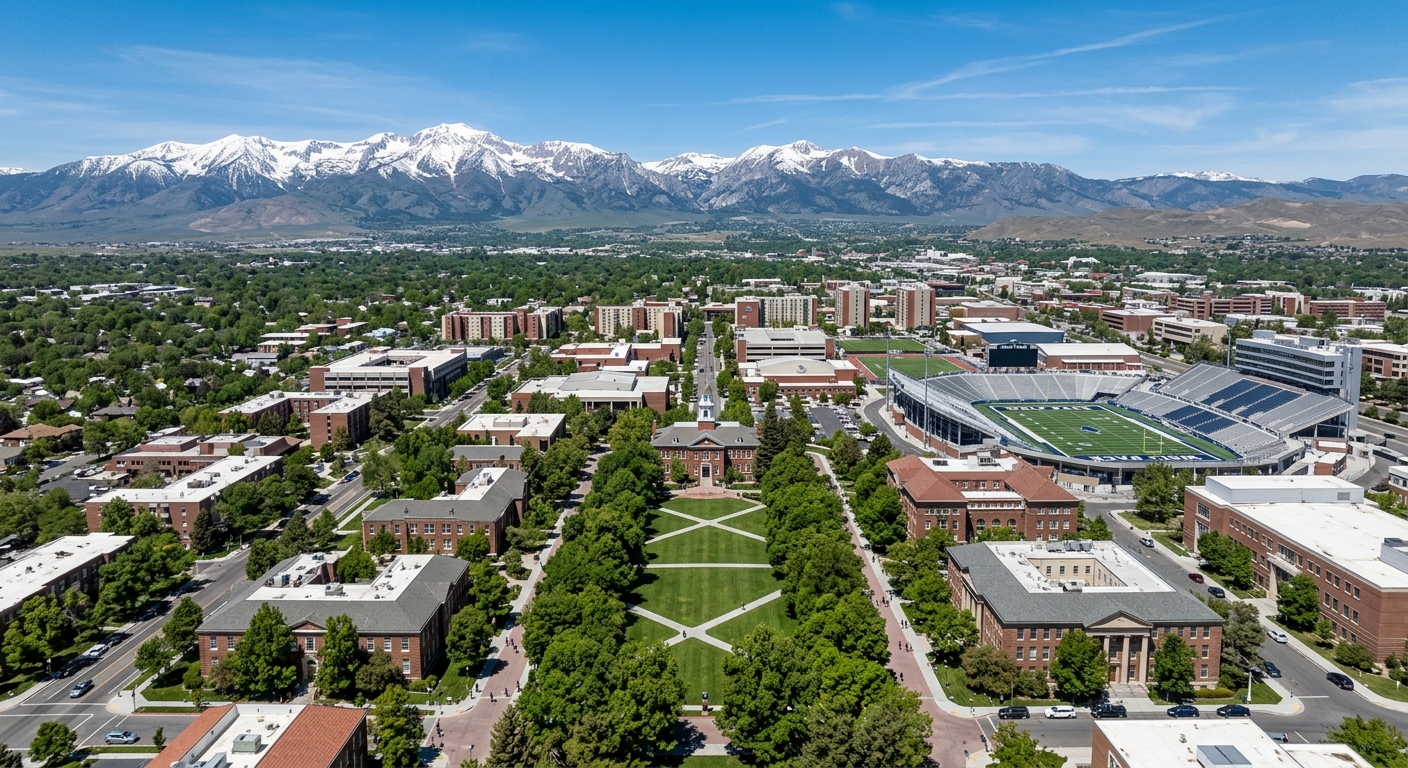 University of Nevada Reno campus wide aerial view showing the historic Quad with Morrill Hall, tree-lined walkways, Mackay Stadium, and the Sierra Nevada mountains in the background under clear blue skies