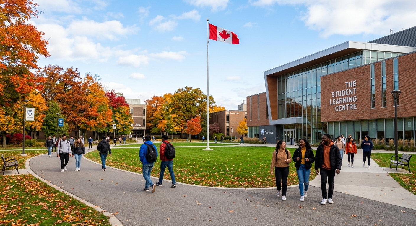 University of Windsor campus in Ontario Canada, modern academic buildings with green lawns, diverse students walking along pathways, Canadian flag visible, bright autumn day with colorful foliage