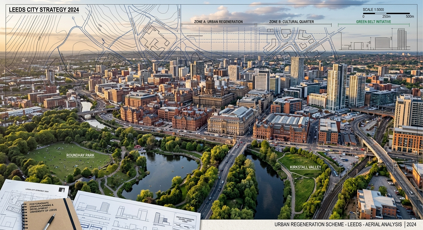 Aerial view of Leeds city skyline blending historic Victorian architecture with modern urban development, green parklands visible, planning maps and blueprints overlaid subtly, professional postgraduate study atmosphere