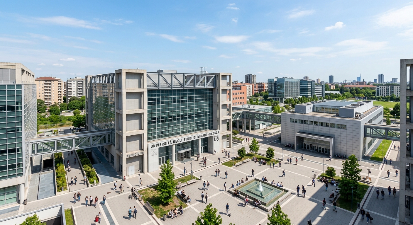 University of Milano-Bicocca modern campus wide shot, contemporary architecture with glass and concrete buildings, Piazza dell'Ateneo Nuovo central square, students walking between buildings, northern Milan urban setting, clear sky