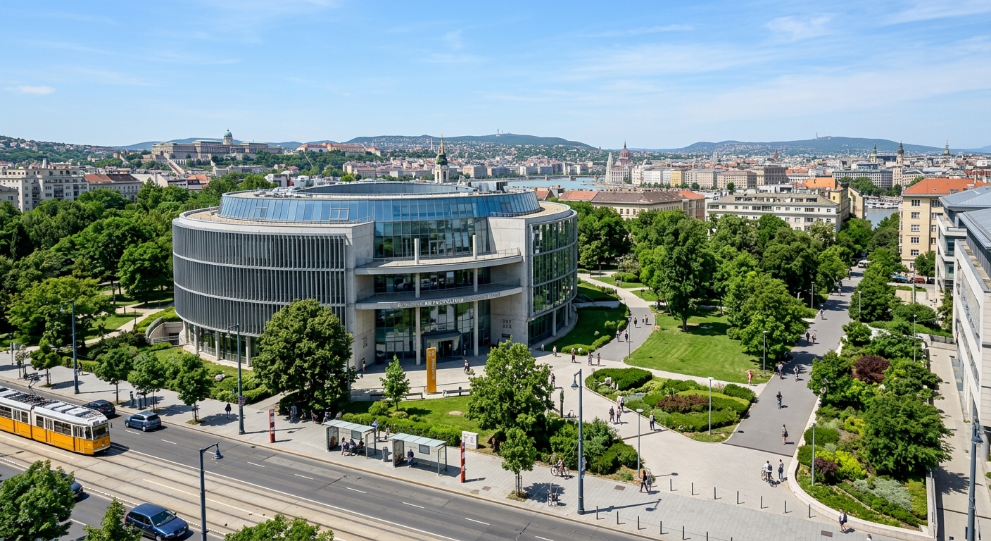 Budapest Metropolitan University main campus wide shot, modern circular building surrounded by green parkland, Nagy Lajos király street, Budapest cityscape in background, clear sky, contemporary architecture