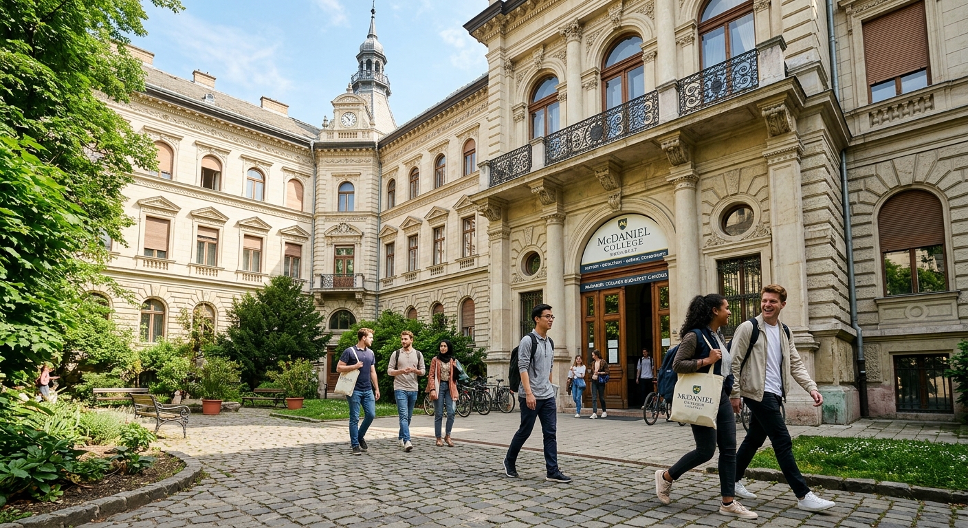 Historic restored 19th-century building housing McDaniel College Budapest campus, with European architecture, green courtyard, and international students walking near the entrance in Budapest Hungary