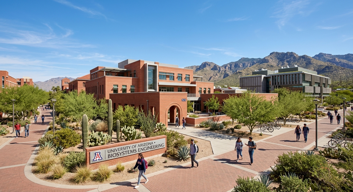 University of Arizona Tucson campus with red brick buildings, desert landscape, students walking near the Biosystems Engineering department, clear blue sky, Sonoran Desert vegetation, modern research facilities in the background