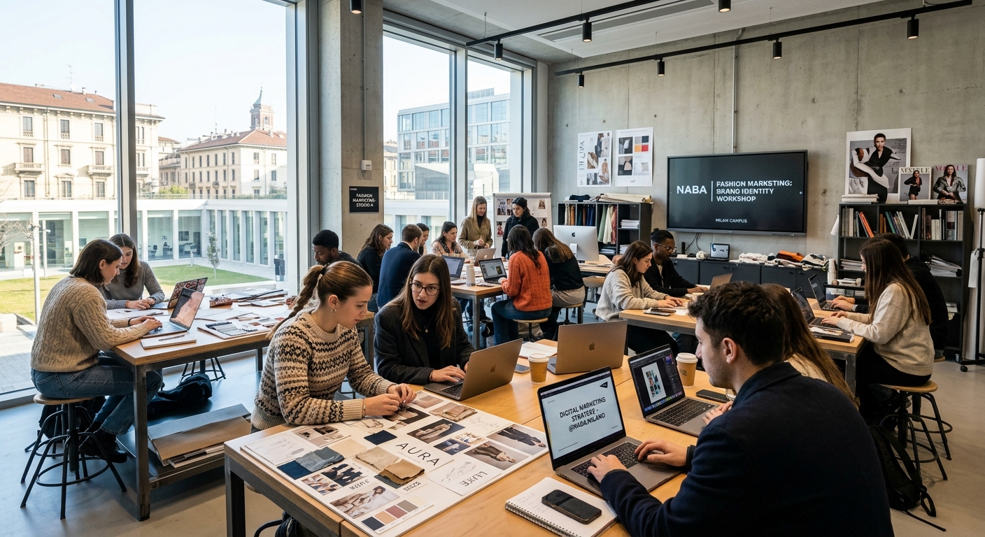 Modern fashion marketing classroom at NABA Milan campus, students working on brand identity mood boards and digital marketing presentations, stylish Italian design interior with large windows and natural light