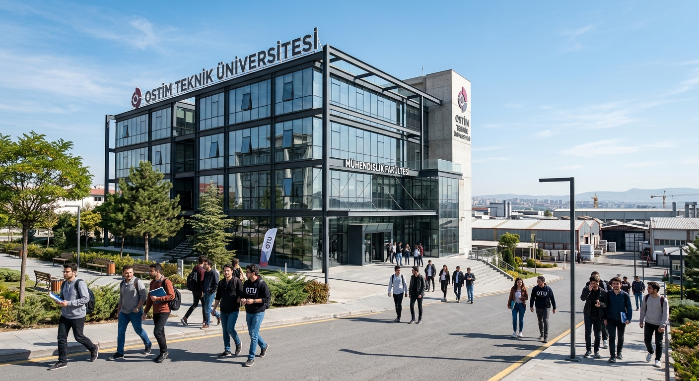 Modern Ostim Technical University campus building in Ankara Turkey, industrial zone setting with contemporary architecture, engineering students walking near glass-fronted faculty building, clear sky background