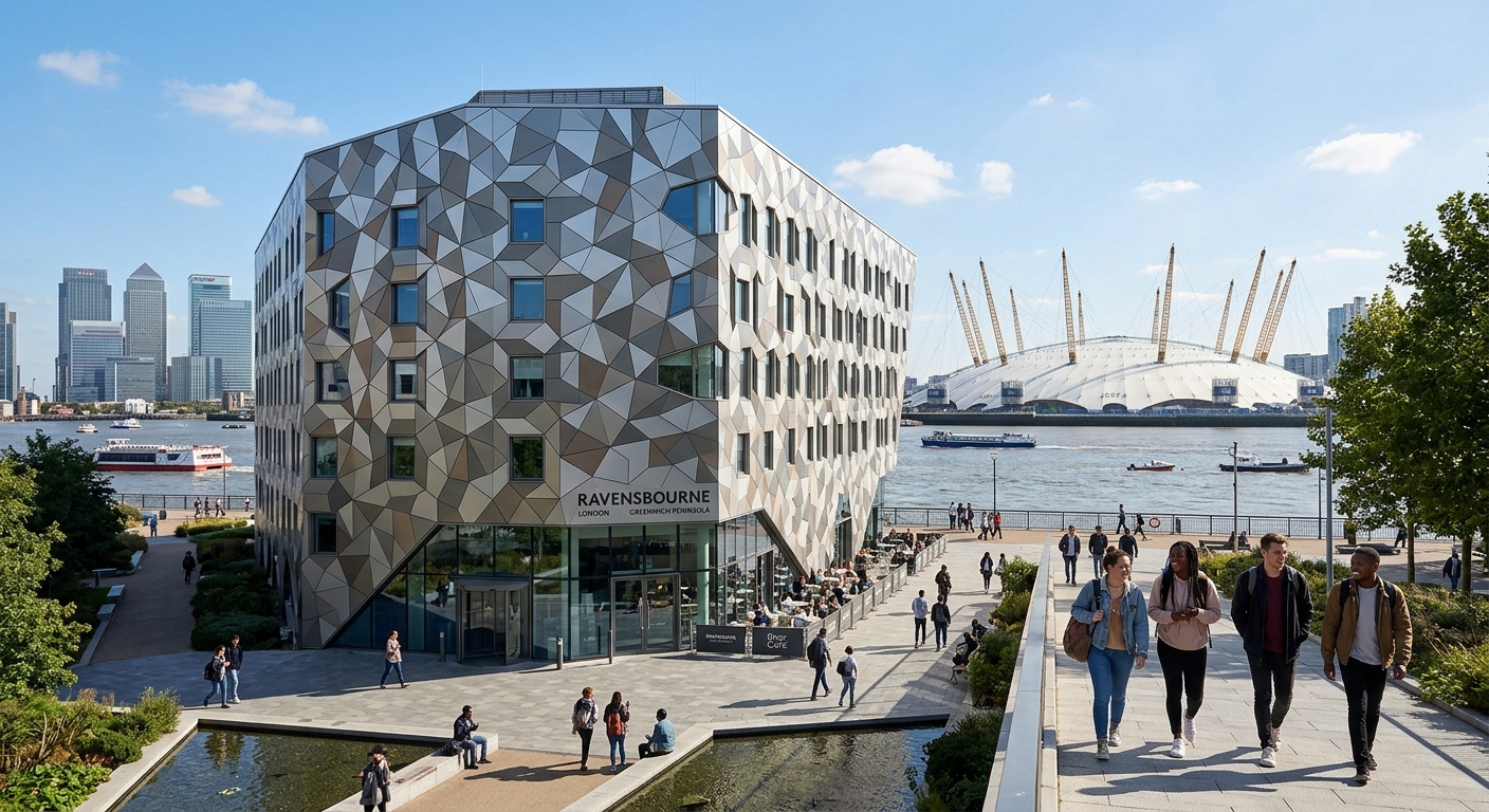 Modern Ravensbourne University London building with distinctive tessellated facade on the Greenwich Peninsula, overlooking the Thames with the O2 Arena in the background, students walking outside on a sunny day
