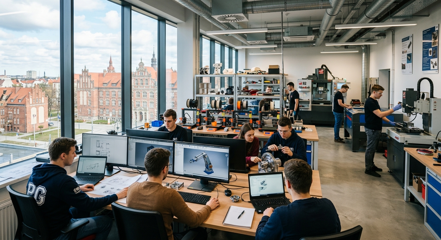 Modern engineering laboratory at Gdansk University of Technology with students working on mechanical design projects using CAD software, industrial machinery and 3D printers visible, bright interior with large windows overlooking the historic Gdansk campus