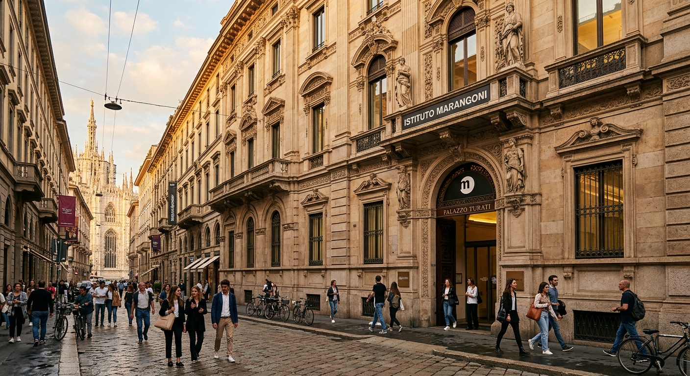 Palazzo Turati neo-Renaissance building facade in central Milan, Istituto Marangoni flagship campus, ornate 19th-century architecture with contemporary design elements, pedestrians on cobblestone street, warm afternoon light, Milan Cathedral visible in the distance