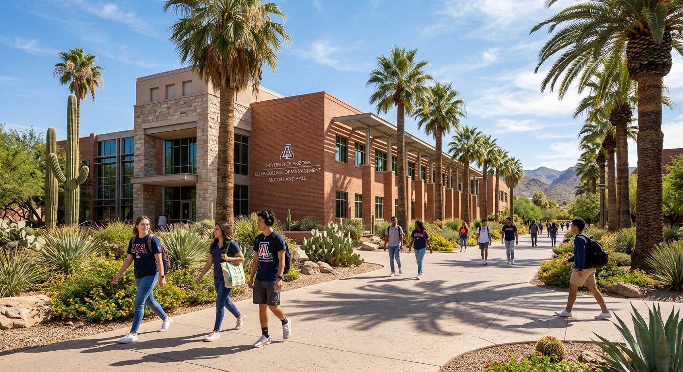 University of Arizona Eller College of Management McClelland Hall exterior with palm trees and desert landscaping, students walking on sunlit campus pathways in Tucson Arizona