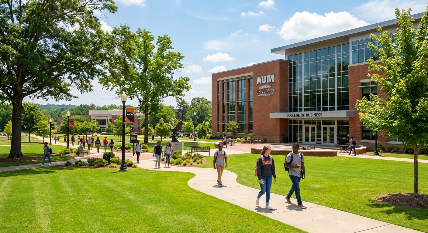 Auburn University at Montgomery campus with modern business college building, green lawns, and students walking along tree-lined pathways in Montgomery, Alabama
