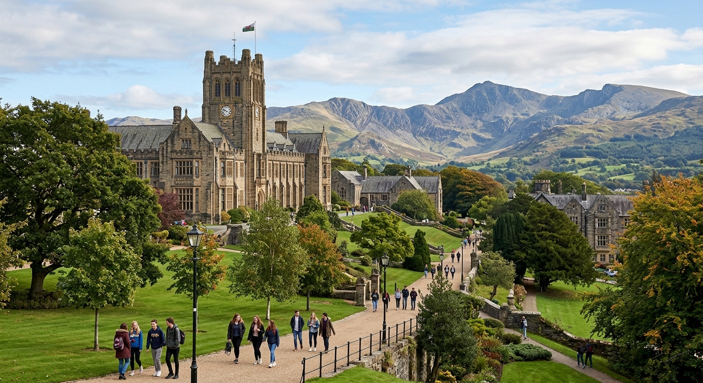 Bangor University historic Main Arts building with clock tower, set against the backdrop of Snowdonia mountains and green campus grounds, students walking along tree-lined paths in North Wales