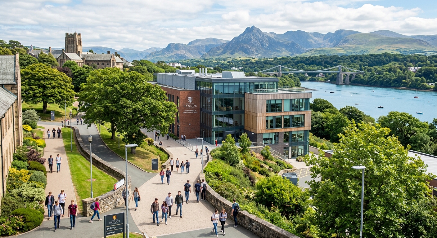 Bangor University campus with modern engineering building, mountains of Snowdonia visible in the background, students walking along pathways with the Menai Strait in the distance, bright daylight