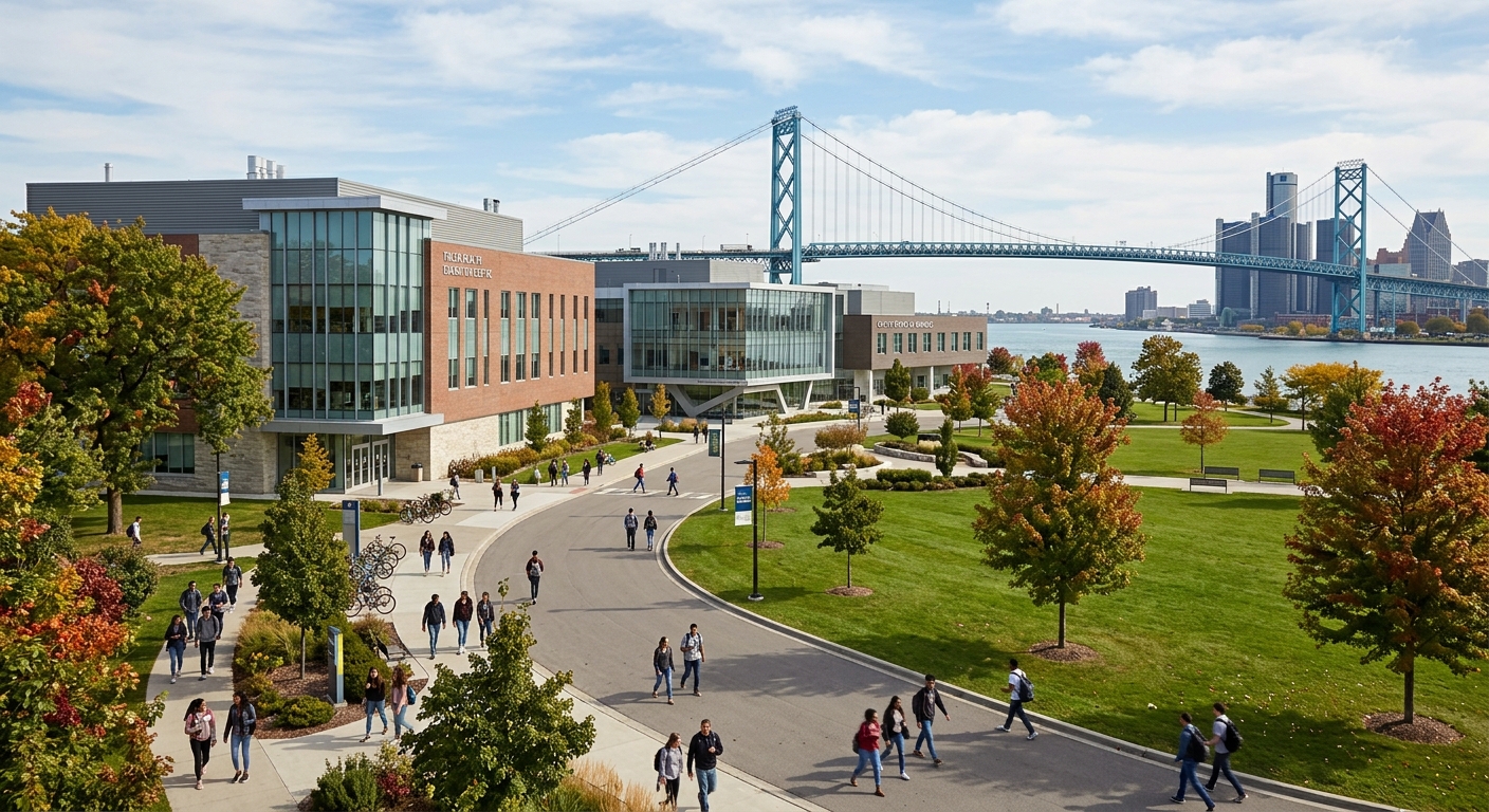 University of Windsor campus with modern academic buildings, green lawns, and students walking along tree-lined pathways in Windsor, Ontario, Canada, with the Ambassador Bridge visible in the background