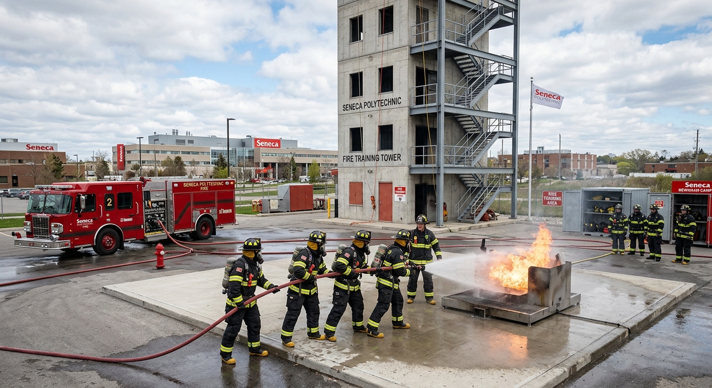Firefighter training facility with students in full protective gear practicing fire suppression techniques, fire apparatus and training tower visible, Seneca Polytechnic campus in Toronto Canada
