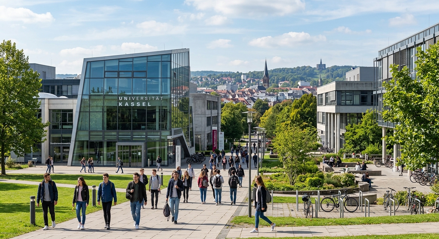 Modern university campus at the University of Kassel with contemporary architecture, students walking between faculty buildings at Hollaendischer Platz, green spaces and trees, Kassel city skyline in background, bright daylight