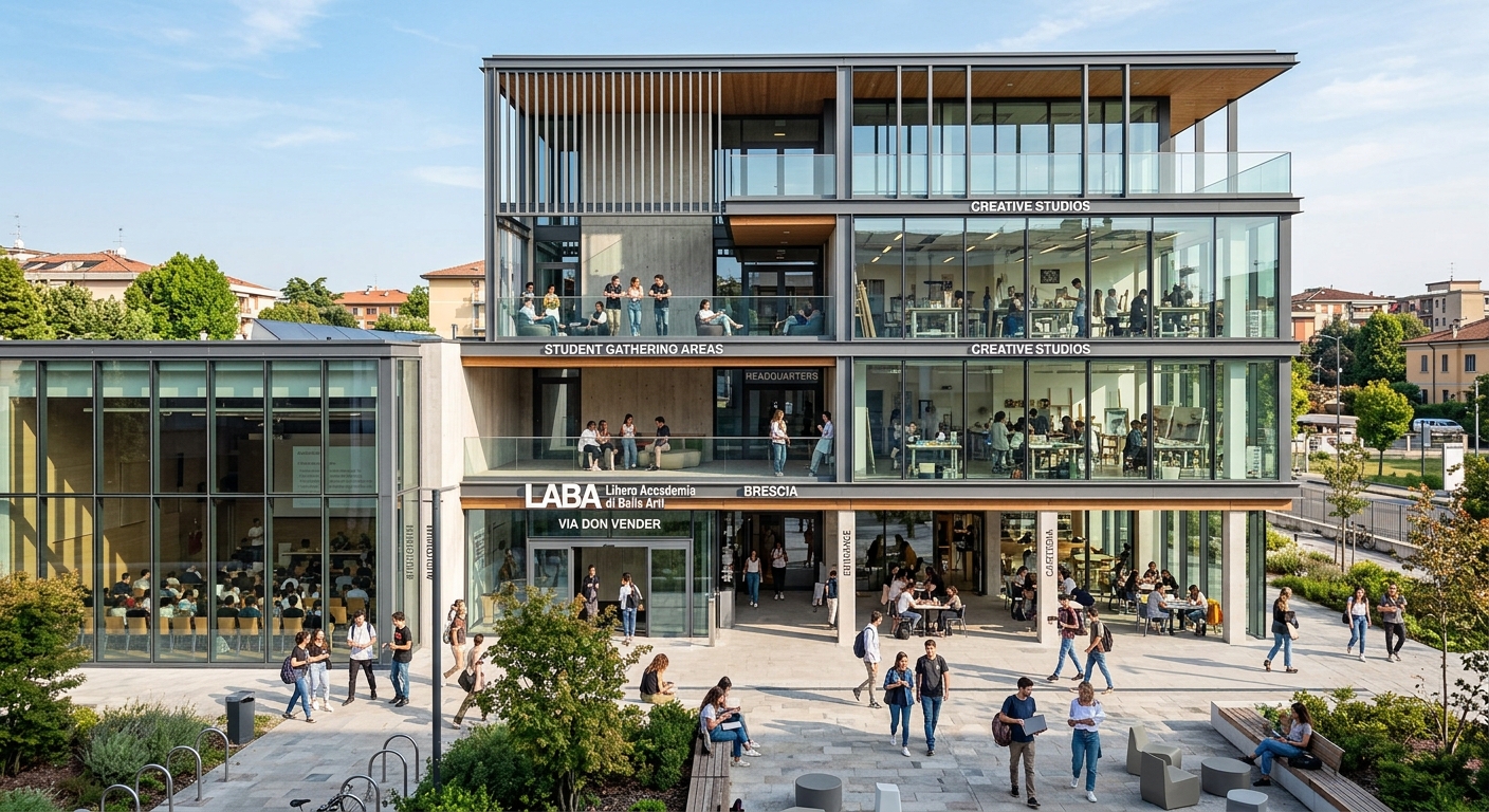 LABA Via Don Vender main headquarters in Brescia, modern academy building with auditorium, creative studios, and student gathering areas, bright natural light