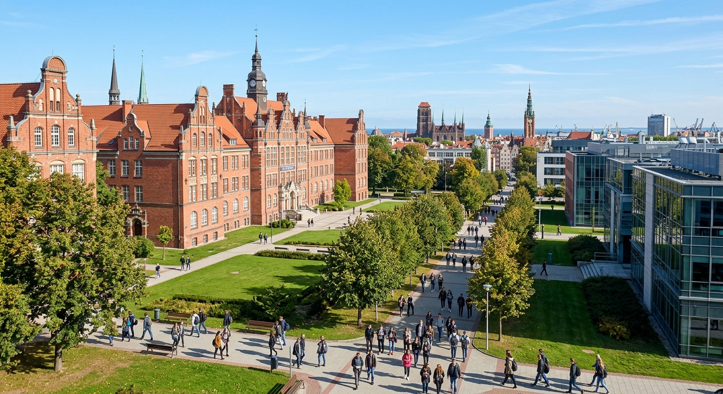 Modern campus of Gdansk University of Technology with historic red-brick buildings and green courtyards, students walking along tree-lined pathways, coastal Polish city skyline in the background under a clear sky