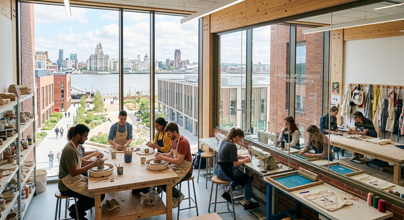 Liverpool Hope University Creative Campus with modern craft workshops and performance studios, students working with ceramics and textiles in bright studio spaces, Liverpool cityscape visible in background