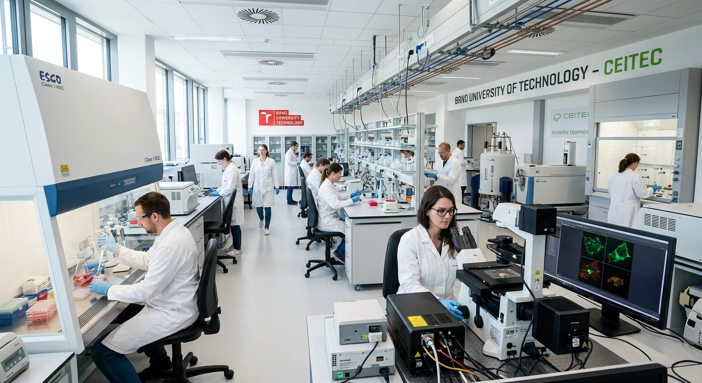 Modern research laboratory at Brno University of Technology CEITEC centre, advanced scientific equipment, researchers in white coats, clean bright interior