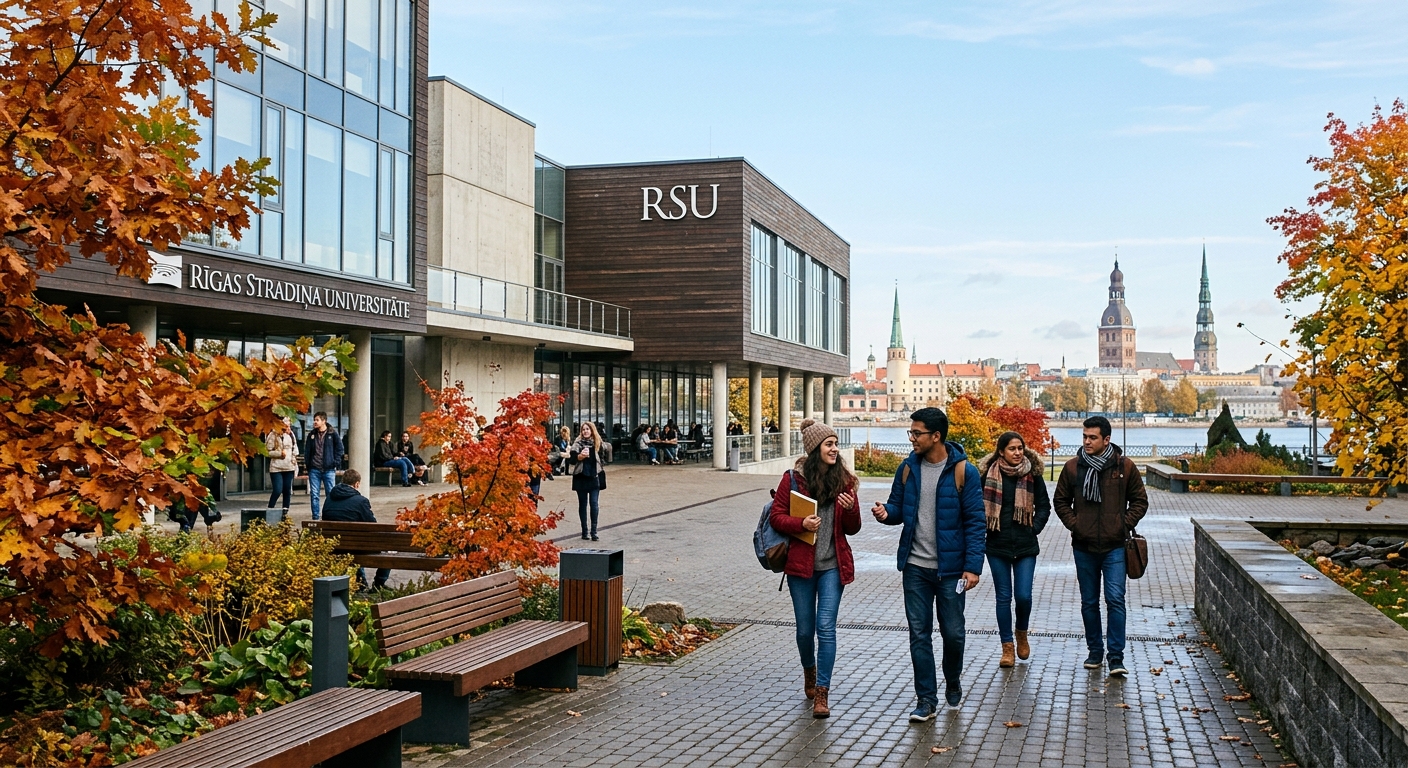 Modern Riga Stradiņš University campus building in Riga, Latvia, with international students walking through courtyard, European architecture in background, autumn foliage, clear sky