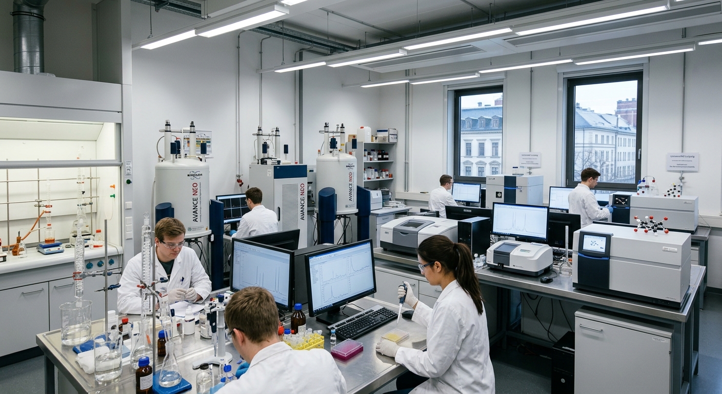 Modern chemistry laboratory at University of Leipzig with advanced spectroscopy instruments, NMR spectrometers, and students conducting molecular structure analysis, bright fluorescent lighting reflecting off glass equipment