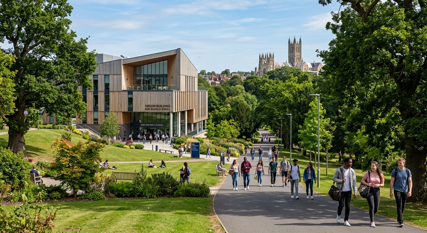 University of Kent Canterbury campus with modern Sibson building housing Kent Business School, green parkland setting with Canterbury Cathedral visible in the background, students walking along tree-lined pathways on a sunny day