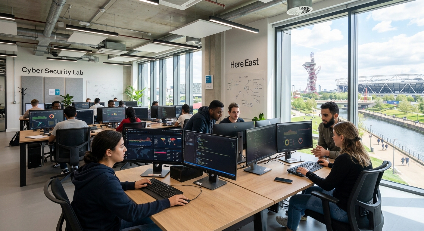 Modern university campus at Here East in Queen Elizabeth Olympic Park London, students working on computers in a cyber security lab with multiple monitors displaying network security dashboards, bright contemporary learning environment