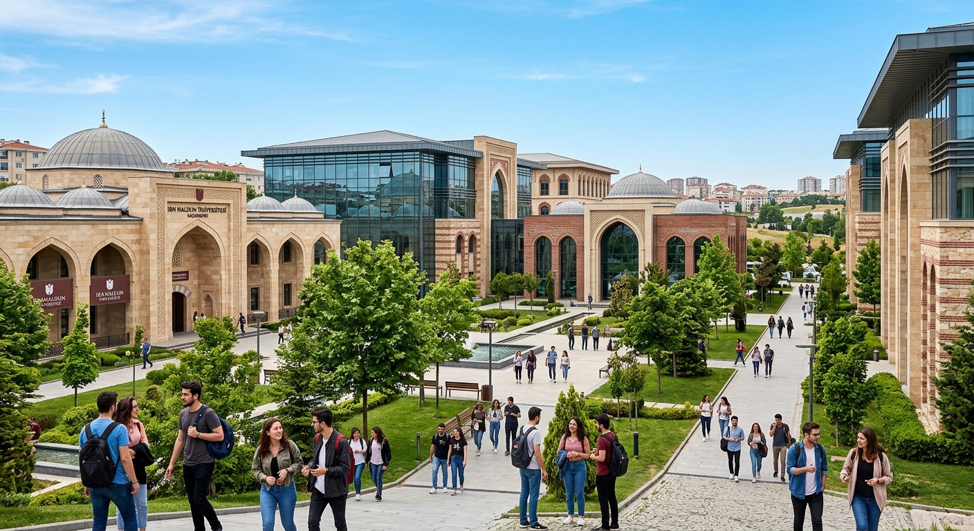 Modern Ibn Haldun University campus in Basaksehir Istanbul, Ottoman madrasah-inspired architecture with contemporary glass elements, green courtyards, students walking between academic buildings under clear blue sky