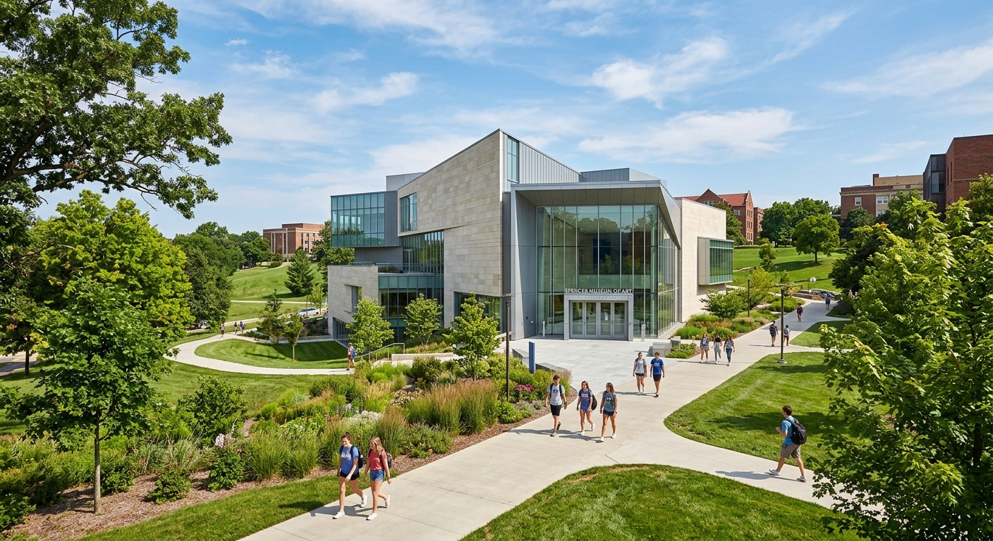 University of Kansas Spencer Museum of Art exterior with modern architecture surrounded by green campus grounds and walking paths