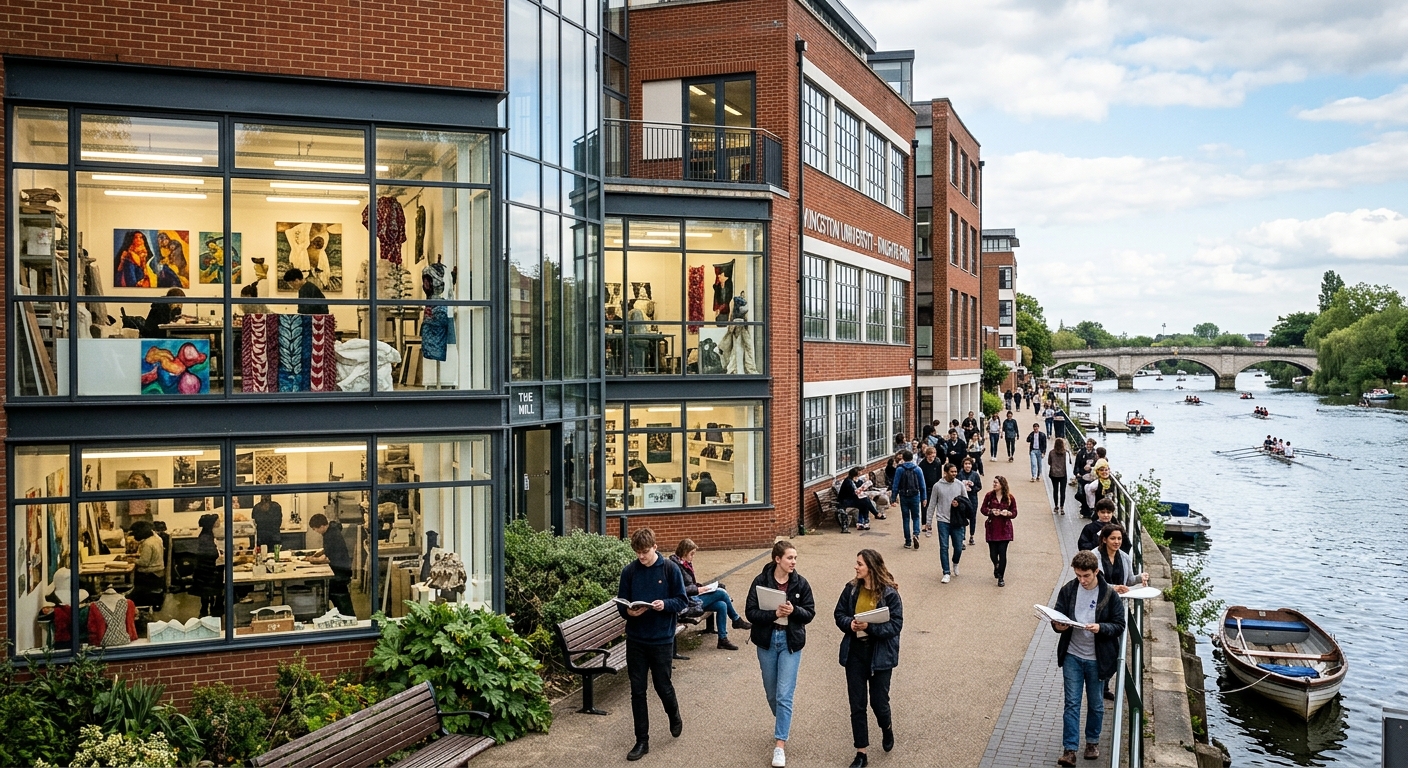 Knights Park campus riverside setting, art and design studios, student artwork displays visible through windows, River Thames in background, creative atmosphere