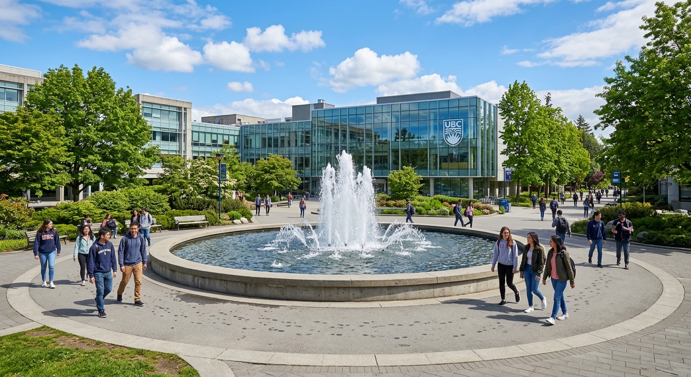 UBC Martha Piper Plaza fountain with modern glass buildings, students walking on pathways, green landscaping and blue sky