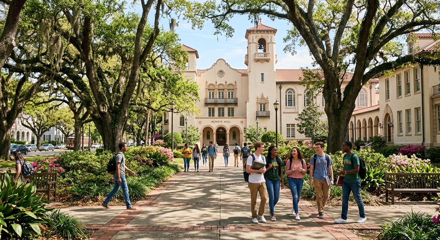 Loyola University New Orleans historic campus with Spanish Colonial architecture, oak tree-lined walkways, students walking near Monroe Hall, sunny day in the Uptown neighborhood of New Orleans