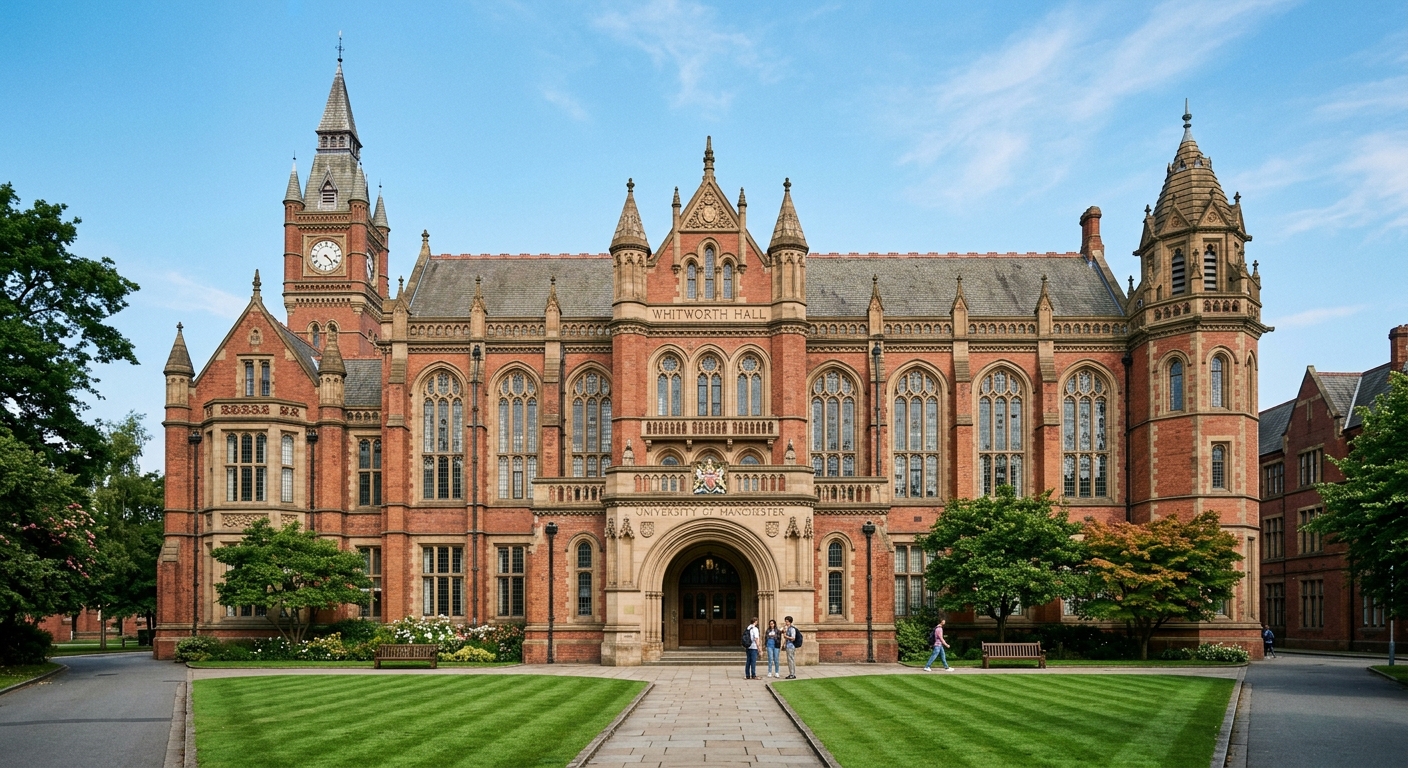 University of Manchester Whitworth Hall exterior, grand Victorian Gothic red brick building with arched windows and ornate stonework, green lawn in foreground, clear day