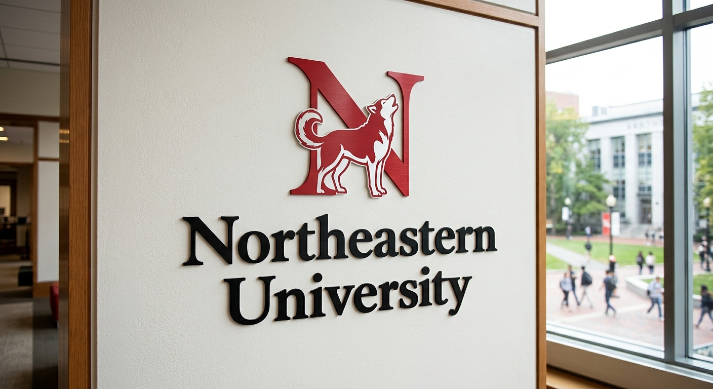 Northeastern University official logo featuring a red stylized N with a husky dog silhouette and the text Northeastern University in bold serif font