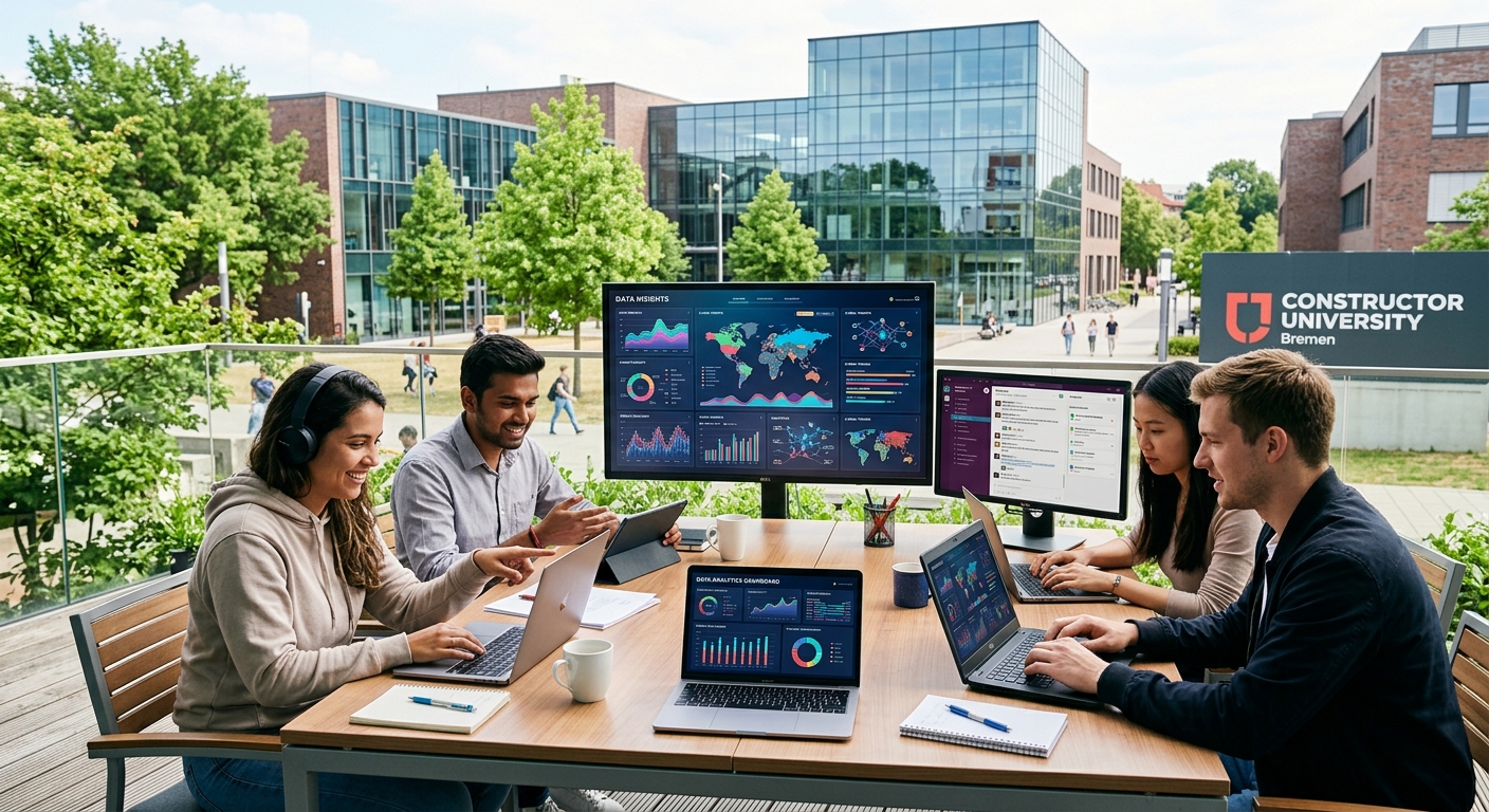 Modern digital workspace with data visualization dashboards on multiple screens, diverse international students collaborating online, Constructor University Bremen campus buildings in the background with green trees and contemporary architecture