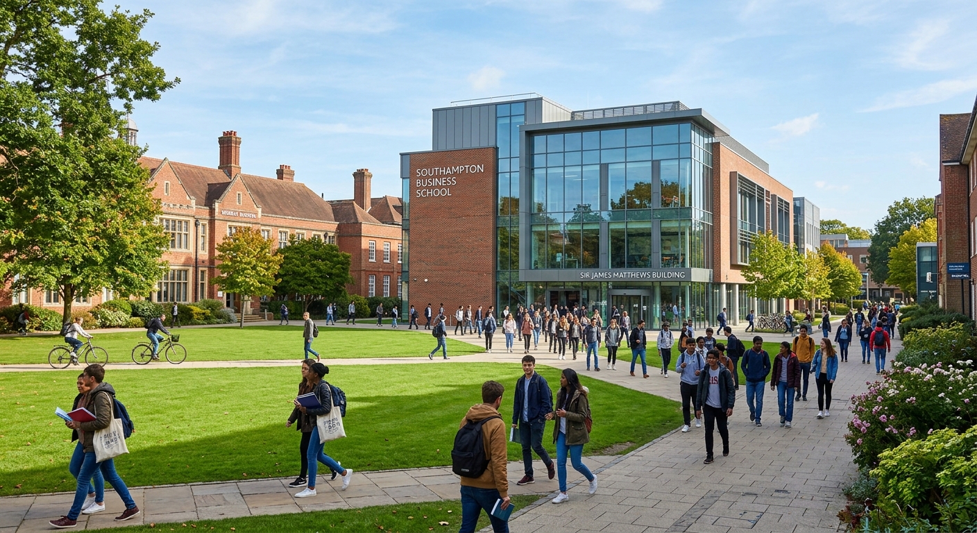 University of Southampton Highfield Campus with modern business school building, green lawns, students walking between lecture halls, bright daylight, British university architecture