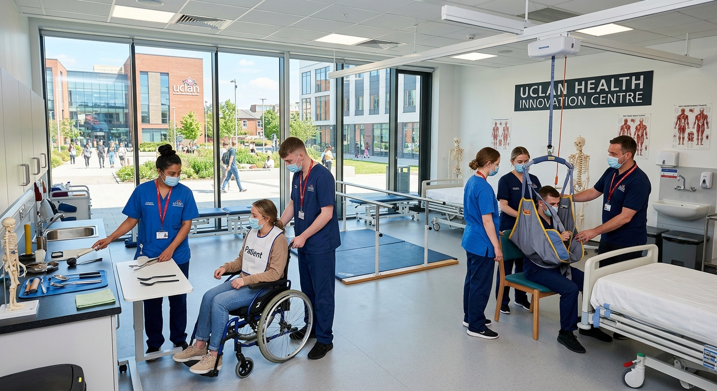 Modern university campus building at the University of Lancashire in Preston, UK, with clinical skills laboratory and students in healthcare uniforms practicing occupational therapy techniques, bright daylight