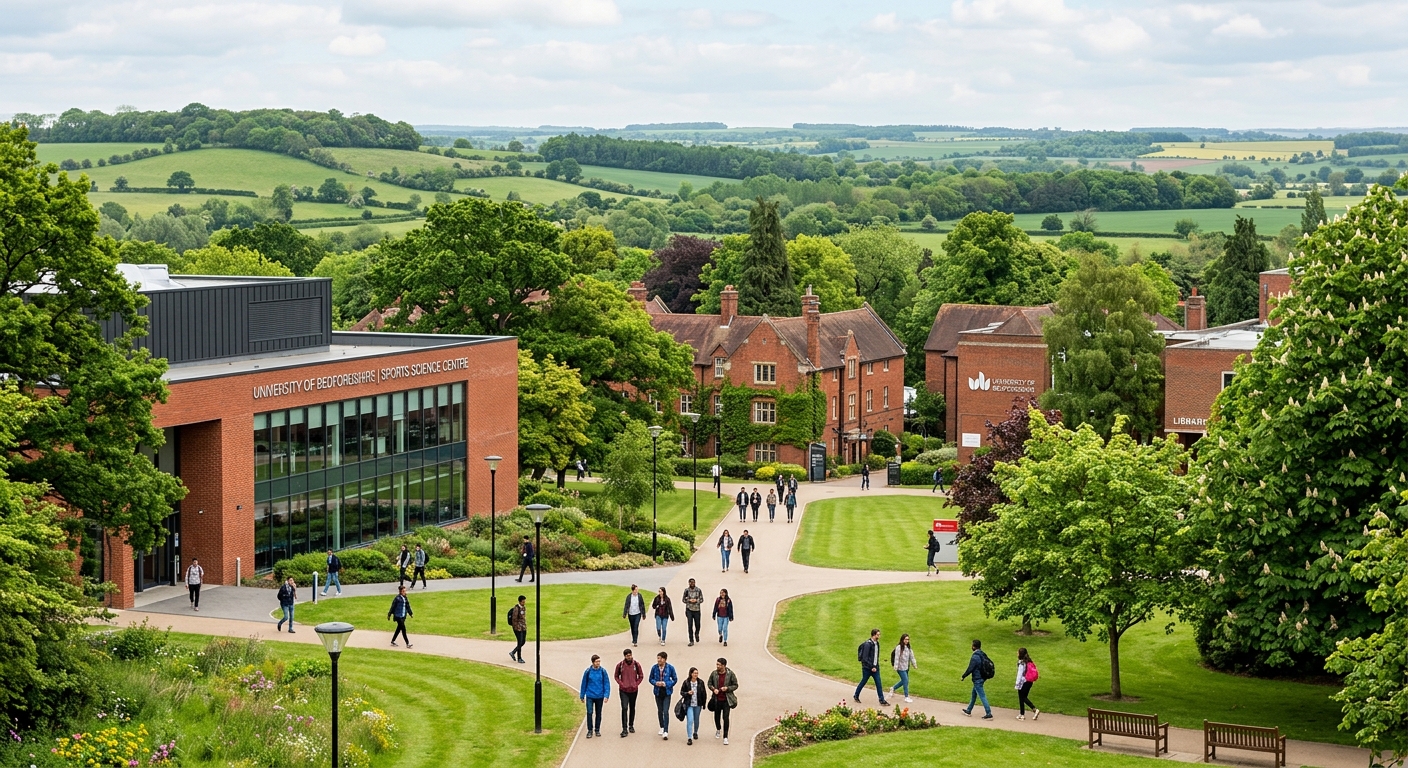 University of Bedfordshire Bedford campus, leafy green setting, sports science centre, students on pathways between red brick buildings, English countryside backdrop