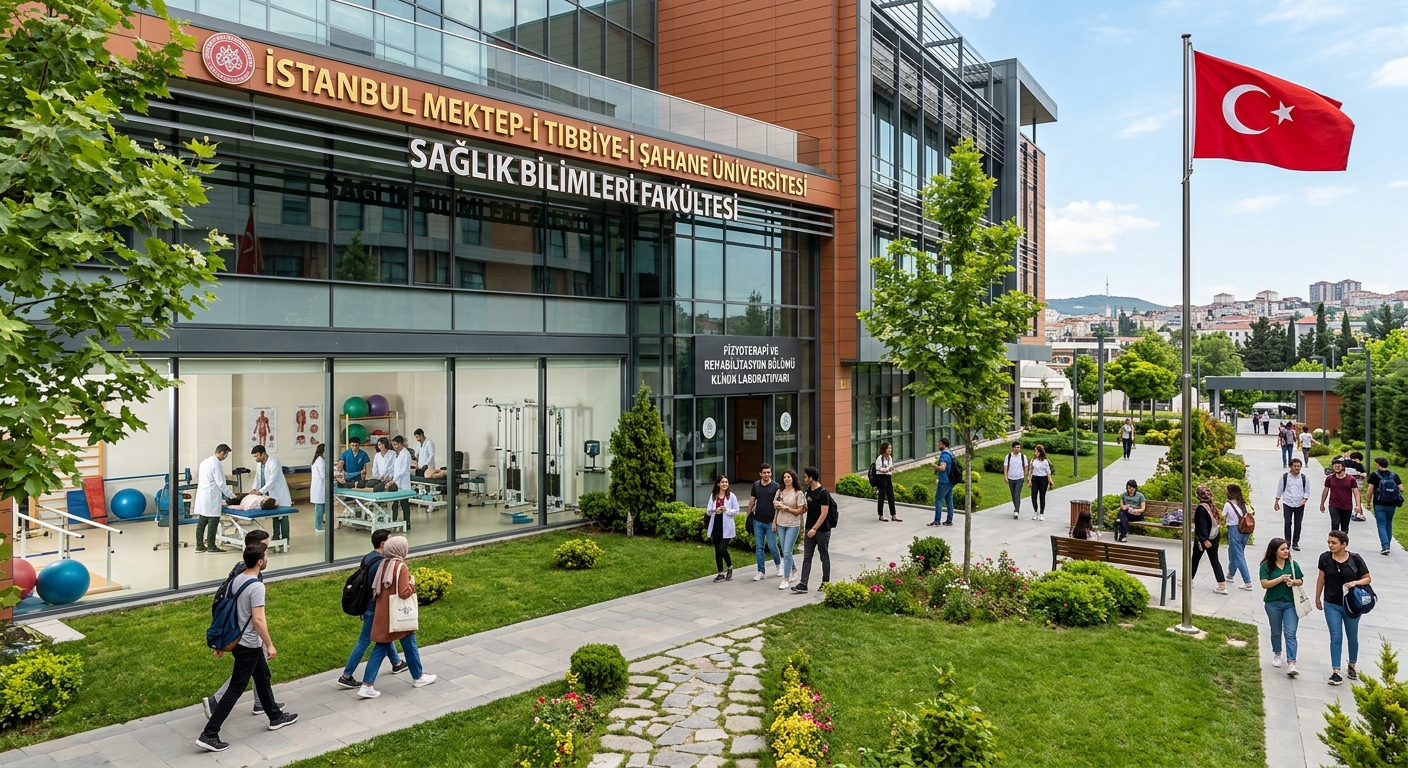 Modern university health sciences campus building in Istanbul with students walking outside, physiotherapy clinical lab visible through large windows, bright daylight, Turkish flag visible, green landscaped courtyard