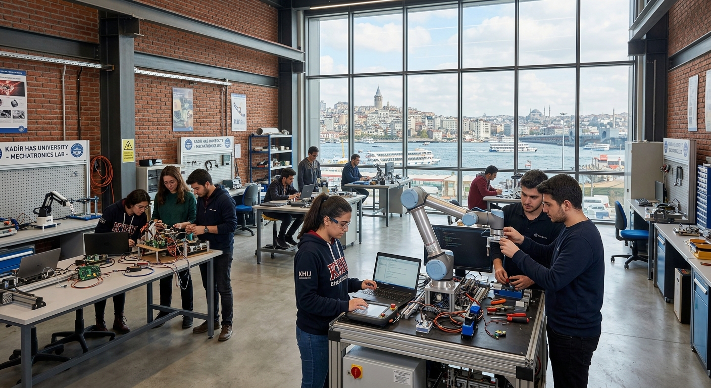 Modern engineering laboratory at Kadir Has University campus in Istanbul with students working on robotic arms and mechatronic systems, historic Golden Horn waterfront visible through large windows, bright industrial-chic interior with exposed brick walls